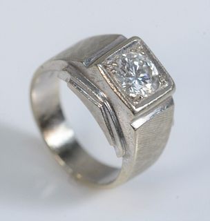 Diamond and 18 Karat White Gold Mens Ring
center approximately 1.2 carats 
size 7 1/2
