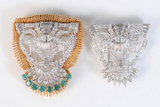 Pair of Circa 1940 Diamond and Platinum Fern Clips 
in shield shape, clips are 10 karat white gold, clips measure approximately 1 3/8" x 1 1/2"
weight