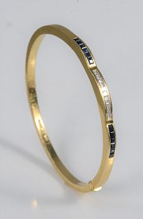 18 Karat Gold Bangle Style Bracelet set with diamonds and sapphires signed Vanron16.4 grams