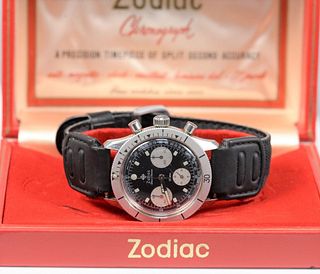Zodiac Sea-Chron Chronograph Underwater Men's Wristwatch
stainless steel, thirty minutes and twelve hour registers
#4566 with original box and booklet