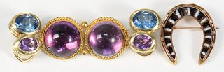14 Karat Four Piece Lot 
to include pair of ear clips, each set with large blue topaz, and amethyst; a horseshoe pin with small diamond chips, along w