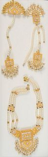 Five Piece 22 Karat Gold Necklace, Earrings, Two Pendants
all with strung pearls, and small stones
total weight 197 grams