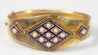 14K Yellow Gold Victorian Bangle Bracelet
tested as 14K, blue enameling, with pearls
20 grams