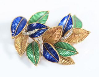 18 Karat Gold Brooch
in form of leaves, enameled green, blue and gold, with diamond accents
signed A.L. 
length 2 inches
18.1 grams