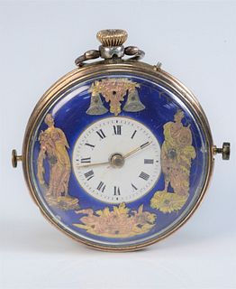 Gold and Silver Pocket Watch
with blue and white enameled dial, mounted with two color gold figures, works with repeater
(hinge broken, loose)
55.4 mi