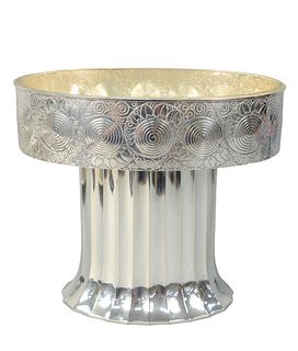 Hans Bolek (1890 - 1978) Silver Pedestal Fruit Bowl
made by Eduard Friedmann, Vienna
having silver and gilt interior, original cut glass liner, oval s