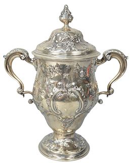 English Silver Two Handled Cup with cover, and overall embossed floral design height 12 1/4 inches, 40.9 troy ounces