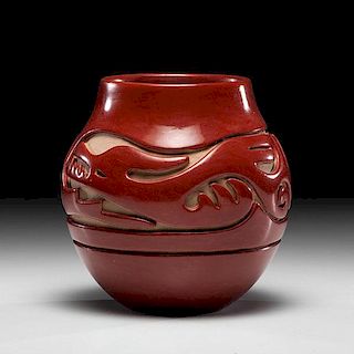 Teresita Naranjo, Apple Blossom (Santa Clara, 1919-1999) Carved Redware Pottery Jar 