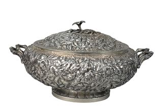 Large Sterling Repousse Covered Serving Dish
having scrolling flowers, and leaves design, with flower finial handle on the cover, and stick form handl