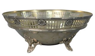 Bigelow & Kennard Sterling Silver Footed Bowl
gold wash interior, marked on bottom
height 3 7/8 inches, diameter 9 3/4 inches
19.9 troy ounces 
Proven