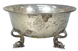 Sterling Silver Revere Style Bowl
on dolphin feet
monogrammed on side
marked Sterling 286, hallmark of a tree
height 5 1/4 inches, diameter 9 1/2 inch