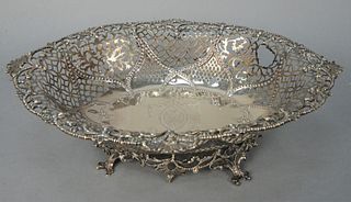 English Silver Reticulated Oval Footed Bowl, center with coat of arms marked on bottom (small piece missing) height 4 inches, length 15 1/4 inches, wi