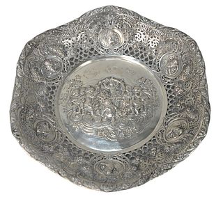 German Silver Reticulated Bowl with embossed Putti design marked "Dresden 1924" height 2 3/4 inches, diameter 15 inches 31.6 troy ounces