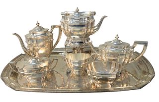 Seven Piece Sterling Silver Tea and Coffee Set
late Georgian pattern, to include large tray, tilting hot water pot on stand, coffee pot, teapot, sugar