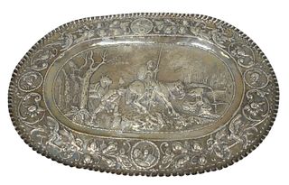 Silver Embossed Tray with Don Quixote on Donkey
and landscape, with embossed border
possibly Diego Gonzalez de la Cuevas marked on rim
length 27 1/4 i