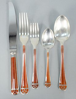 Forty Piece Christofle Talisman Pattern Silver Plated and Enameled Flatware Set
to include 8 dinner forks, 8 luncheon forks, 8 tablespoons, 8 teaspoon