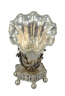 Ottoman Turkish Silver Spoon Warmer
floral form with appliques flowers and paired gilt birds on hexagon base
touch marked on base and vase top
height 