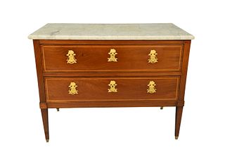 Louis XVI Mahogany Two Drawer Commode
with marble top
late 18th - early 19th century
height 33 inches, top 23 1/2" x 43 1/4"