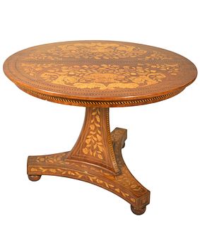 Marquetry Inlaid Round Center Table
having urns of flowers, on three sided inlaid pedestal, set on three sided base, on ball feet
height 29 1/2 inches