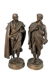 Two Bronze Figural Statues
standing figure of a poet holding a book, and a quill pen, along with a figure of a man holding a book, and a cane, on roun