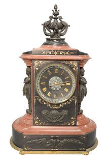 Tiffany Victorian Rouge Marble and Black Slate Shelf Clock
having rouge marble, and black slate, bronze urn finial atop rouge marble, dial flanked by 