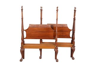 Pair of Fineberg Twin Size Four Post Beds
having flame finials, eagle carved headboard, spiral turned posts, and carved ball and claw footboards
heigh