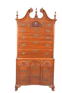 Fineberg Custom Mahogany Chest on Chestin two parts, upper section having broken arch top, over three drawers, one having shell carving, over four dr