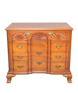 Fineberg Mahogany Four Drawer Chest 
having triple shell carved block front flanked by quarter columns set on ogee feet
(top with slight imperfections