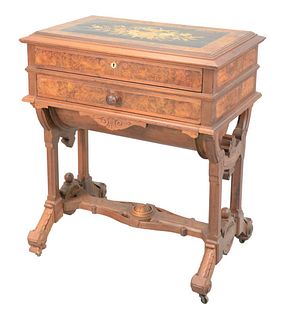 Aesthetic Victorian Walnut and Burl Walnut Work/Sewing Table
having inlaid lift-top opening to reveal mirror and
felt writing surface that opens to bi