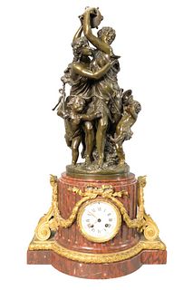 Pierre Alexandre Schoenewerk (1820 - 1885)
bronze
Bacchus family, inscribed on base Schoenewerk, De La Fontaine, resting on large rouge marble clock b