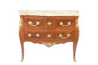 Louis XV Style Gilt-Bronze Mounted Kingswood Bombe Commode
early 20th century
with variegated marble top above two drawers, raised on cabriole legs wi
