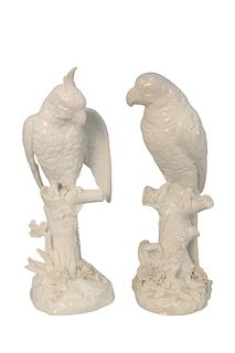 Pair of German Porcelain Parrots
sitting on tree stumps, Blanc de Chine with blue crossed swords, mark on bottom, impressed 'A' possibly Meissen
heigh