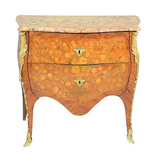 Louis XV Ormolu-Mounted Kingwood, Tulipwood and Marquetry Commode
having serpentine breche d'alep marble top, above two drawers elaborately inlaid wit