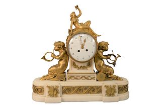 French Figural Marble Bronze Mantle Clock having nude woman figure resting on top, over round enameled dial, flanked by Satyr on each side playing a d