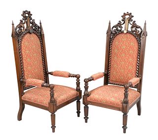 Pair of Gothic Style Walnut Armchairs
each with silver plaque, Presented to Wyoming Lodge by Bro. George Heath, AL, 5863 and Presented By Bro. F.T. Fo