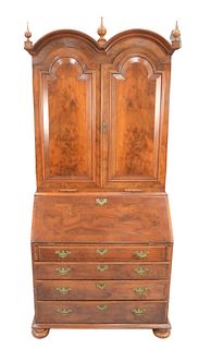 Queen Anne Secretary Desk 
with double dome, upper section having two paneled doors opening to reveal compartments, drawers, pigeon holes and door ove
