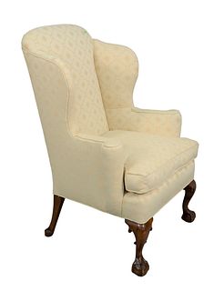 Margolis Mahogany Chippendale Style Upholstered Wing Chair
with ball and claw feet
total height 44 1/4 inches, seat height 31 inches, width 32 inches