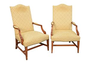 Pair Margolis Federal Style Mahogany Upholstered Chairs
with open arms, and legs with icicle inlays
height 44 1/2 inches
Catalog note: Sold by Nadeau'