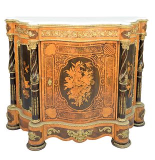 French Side Cabinet 
having marble top with turret corners, over inlaid conforming cabinet with brass mounts
probably early 20th century, door and sid