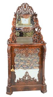 Rosewood Victorian Etagere 
having pierce carved top, with two mirror back shelves on lower section, with pierce carved front with mirror, and pierce 