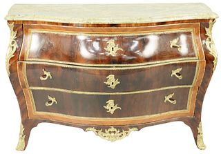Northern European Bombe Commode
mahogany and rosewood veneered, ormolu mounted with marble top, variegated green marble top possibly by association 
(