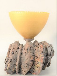 Adrian Saxe (b. 1943)
gold bowl on Raku fired ceramic, natural base
height 16 1/4 inches, diameter 10 3/4 inches, length 12 1/2 inches
Provenance: Gar