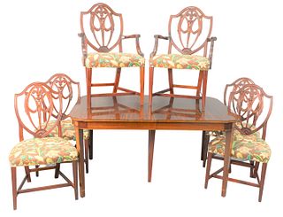 Seven Piece Fienberg Custom Federal Style Mahogany Dining Set
to include a mahogany, inlaid dining table with D-shaped ends, three 12 inch skirted tab