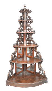 Rosewood Victorian Corner Etagere
six shelves with mirrors on lower shelves
height 75 inches, width 40 inches
Provenance: Matthes-Theriault Collection