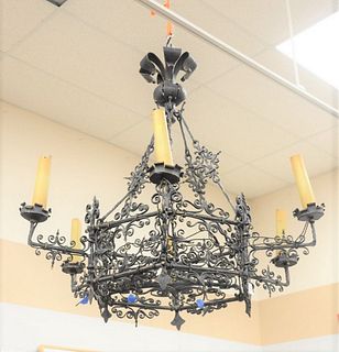 Large Gothic Six Light Wrought Iron Chandelier
Provenance: Former home of Mel Gibson, Old Mill Rd, Greenwich, Connecticut