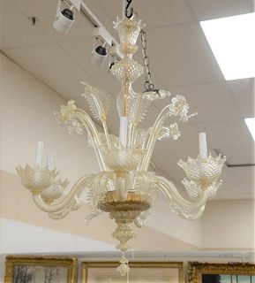 Venetian Six Light Glass Chandelier
having flower and leaf inserts, gold and colorless glass