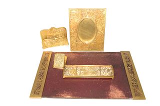 Five Piece Tiffany Studios Desk Set
with blotter ends, letter holder, picture frame, pen tray, and large clip
#1004, 971, 946, 1019 and 998
height of 
