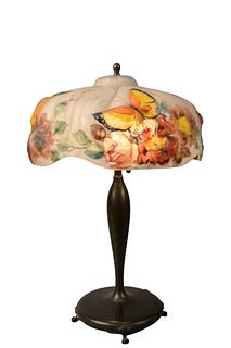Puffy Pairpoint Table Lamp
rose and butterfly shade
signed Pairpoint Corporation, on Pairpoint signed base with two sockets
height 21 inches, shade di
