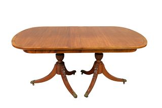 Fineberg Mahogany Dining Table having double pedestal base, and banded inlaid tophas three 14 inch skirted leaves, height 29 3/4 inches, top 42" x 66 