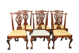 Set of Six Custom Tassel Back Chippendale Style Dining Chairs
five signed E. Poddig, 1942, one attributed to Charles Post
height 40 1/4 inches
Provena